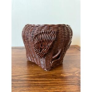 Vintage Elephant Wicker Basket Planter Wastebasket Brown Animal Shaped Decor